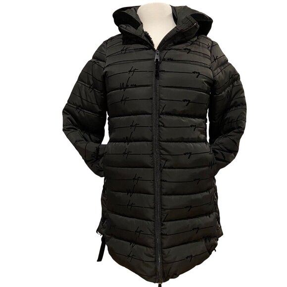 Desigual Womens Long Black Hooded Puffer Jacket Size 36 With Side Lace Details - Picture 3 of 16